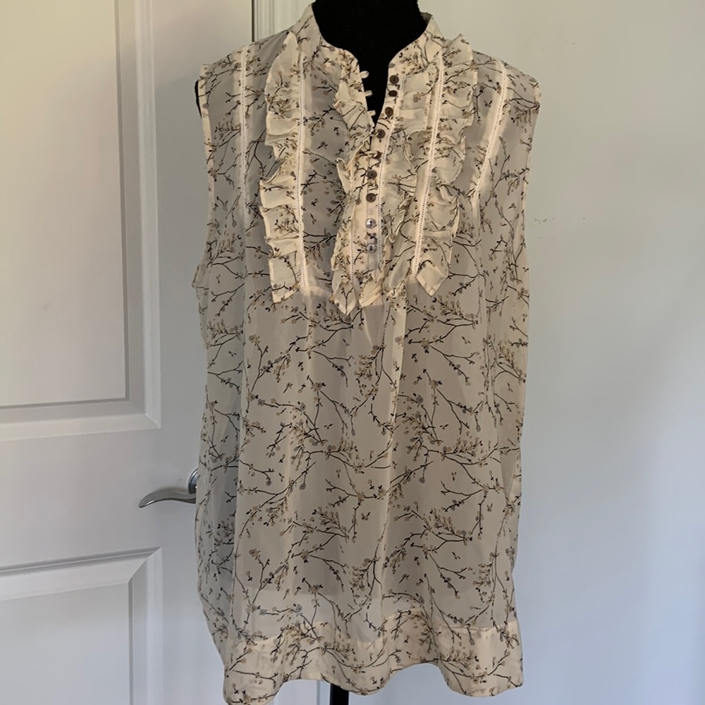 PURE ALFRED SUNG CREAM SLEEVELESS FLORAL SHELL TOP , RUFFLE DETAIL  XL